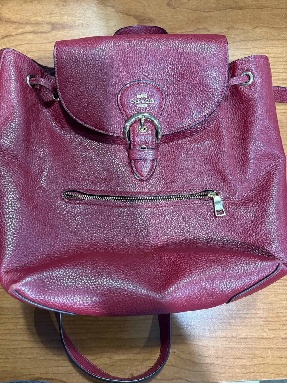 Coach Burgundy Pebbled Leather Backpack with Front Zip